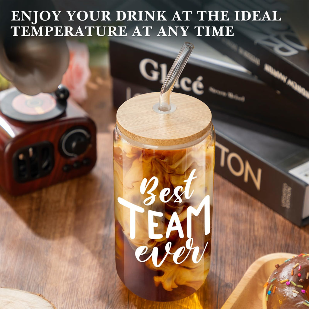 Purpeak 12 Set Employee Appreciation Gifts Thank You Glass Cups Gifts for Staff Coworker Appreciation Cups 16 oz Can Shaped Beer Glass with Lids Straws Brushes for Teacher Nurse(Best Team Ever)