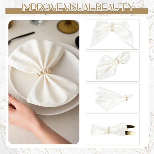 Newwiee 200 Pcs Satin Cloth Napkins and Napkin Ring Set, 100 17 x 17 Inch White Napkins and 100 Pearl Napkin Ring, Soft Table Supplies Bulk for Weddings, Banquet, Parties Dinner Decoration