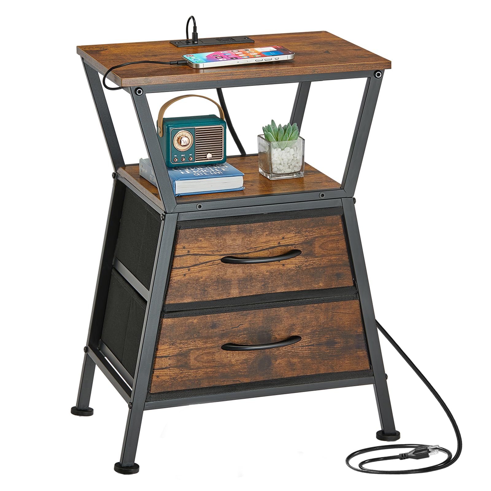 ZEXVIDA Nightstand with Charging Station, Side Tables for Bedroom with Built-in USB Side Table with 2 USB Ports and Outlets Nightstand with Cloth Drawer End Tables Living Room Sofa Couch