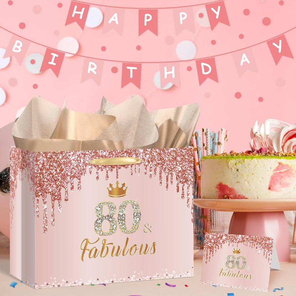 Yoirrat Rose Gold 80th Birthday Gift Bag - Large Pink Design with Wrapping Paper & Card for Celebrations