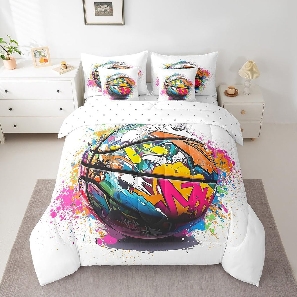 Feelyou Basketball Kids Comforter Set 7pcs, Sports Bed Set Queen for Boys Girl, Basketball Bedding with 1 Comforter,1 Fitted Sheet,1 Flat Sheet,2 Pillowcases,2 Throw Pillow Cover