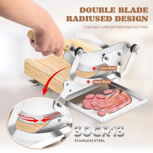 Moongiantgo Biltong Slicer Chinese Medicine Radiused Beef Jerky Cutter with Handguard, 0-0.5’’ Adjustable Thickness, Wooden Base Herb Root Cutting Machine for Ginseng Antler Gastrodiae Maca Ganoderma