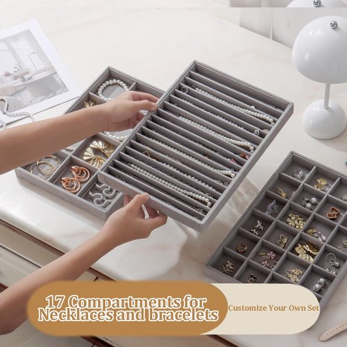 KATISYIO Large Velvet Jewelry Tray 2 Pack Stackable Jewelry Display Drawer Inserts Trays Organizer for Earring Bracelet Necklace Ring (Gray, 16 Grids)