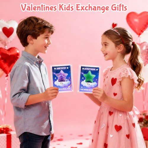 Kepmix Valentines Day Gifts for Kids Classroom: 24-Pack Valentines Day Cards with Rock Star Necklace for School Valentine Exchange, Party Favors with Gemstone Stars and Meaningful Cards
