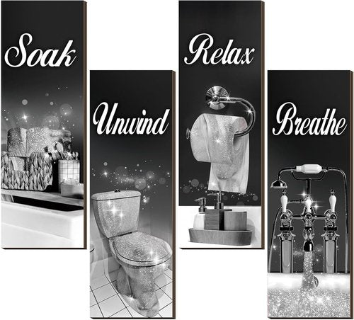 Honoson Bathroom Decor Wall Art - 4 Pcs Farmhouse Signs for Soothing Home Spa | Black & Silver