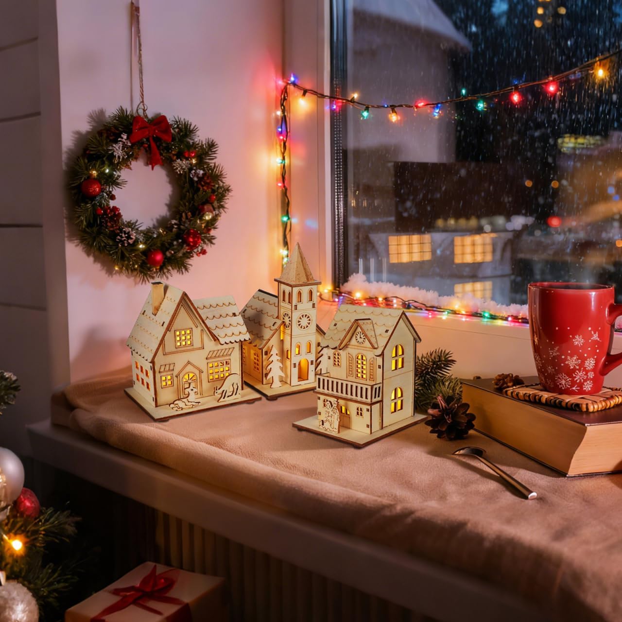 BESPORTBLE Wooden Christmas Village Houses Set - LED Mini Houses for Rustic Holiday Decor | 2025 Indoor Tabletop Accent