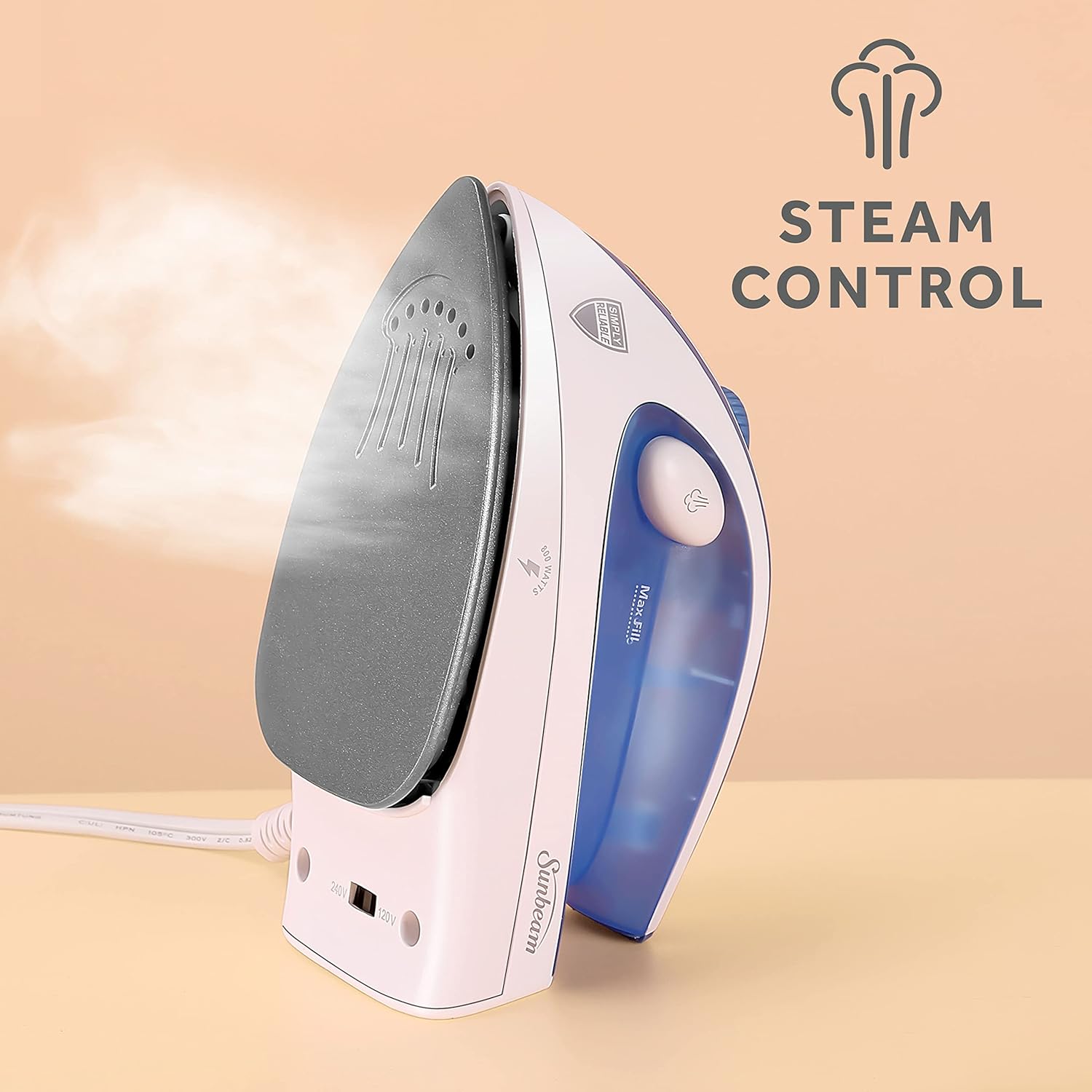 Sunbeam Hot-2-Trot Travel Steam Iron - 800W Dual Voltage, Compact & Portable, Non-Stick Soleplate, White/Blue