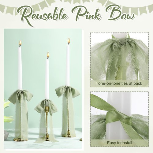 Luinabio 24 Pcs Bows Candlestick Decoration Valentine Tree Large Tie Bows Ribbon Gift Wrapping Coquette Decorations for Tree Wedding Party Baby Shower Decorations, 9.5 Inch(Sage Green)