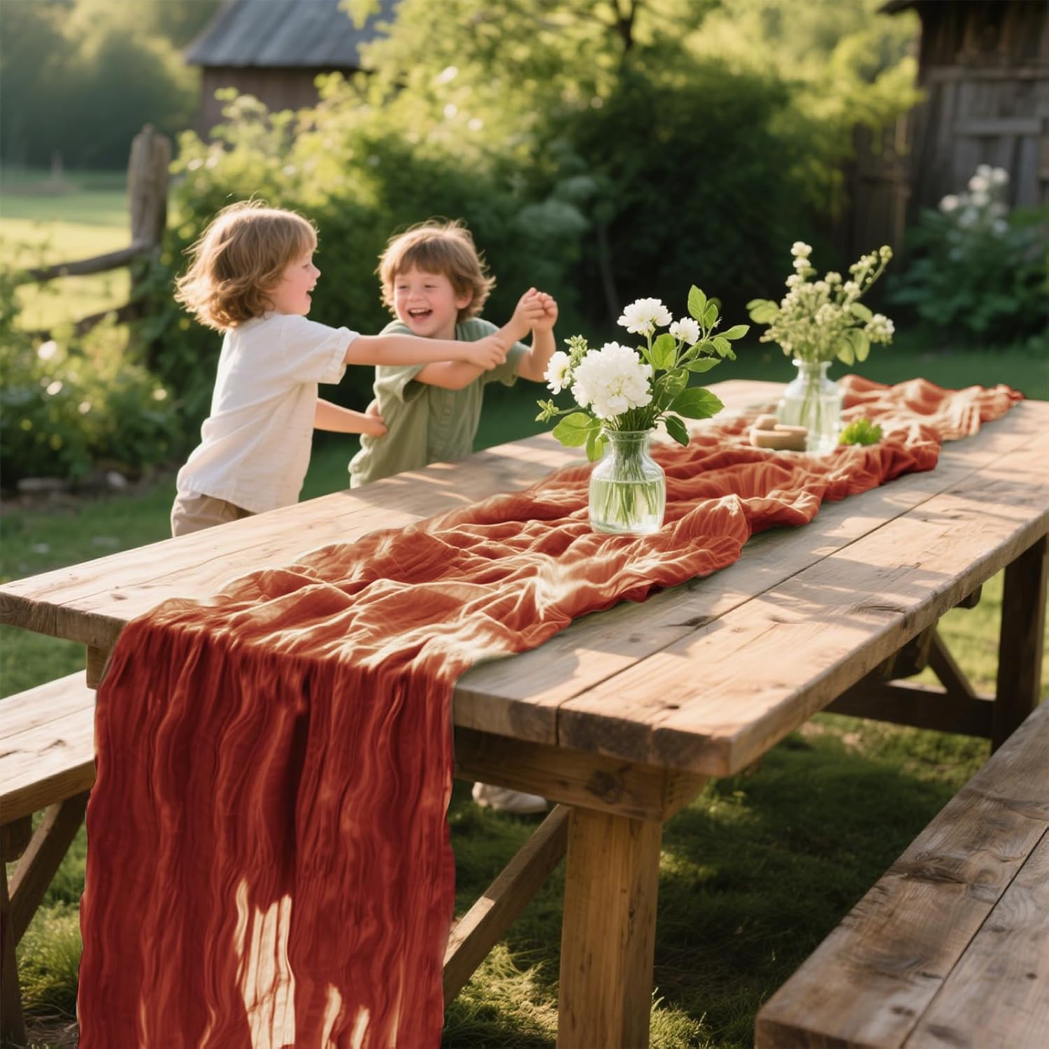 Skiennix Terracotta Cheesecloth Table Runner - 10 FT Long, Semi-Sheer Boho Rustic Design | 35 x 120 Inch