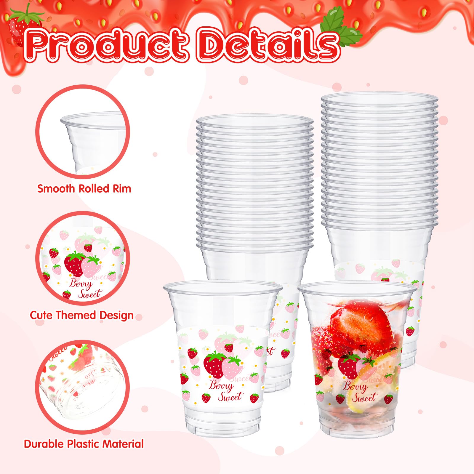 Potchen 100 Pcs 12 oz Strawberry Disposable Plastic Cups Strawberry Flower Clear Plastic Cups Pink Red Party Favors for Birthday Baby Shower Summer Fruit Party