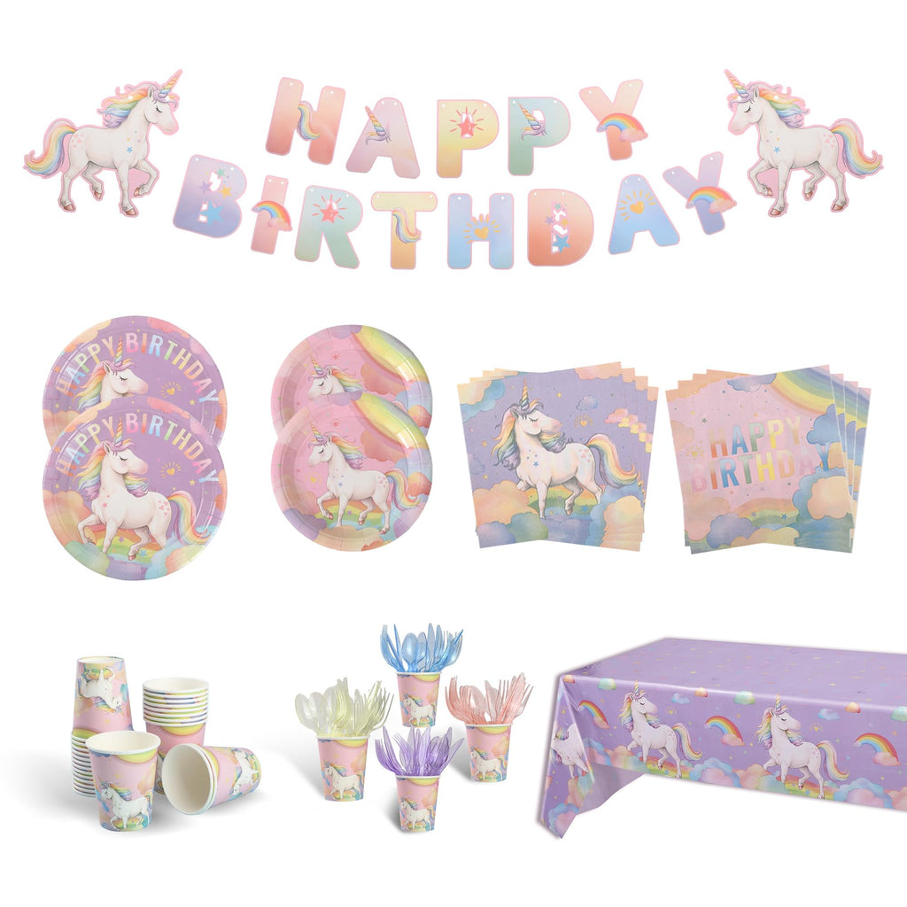 Zotmala Birthday Party Supplies Kit for 24 Guests, 170 Pcs for Unicorn Birthday Decorations, Includes Dinner & Dessert Plates, Napkins, Cups, Cutlery, Banner and Tablecloth