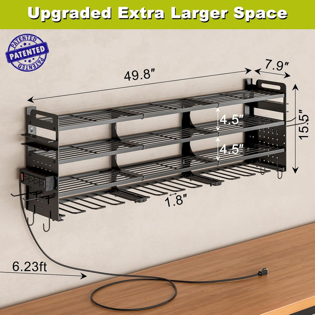 Skiennix Cordless Drill Holder - Heavy-Duty 4-Tier Tool Organizer with Pegboard & Power Strip | Wall Mount