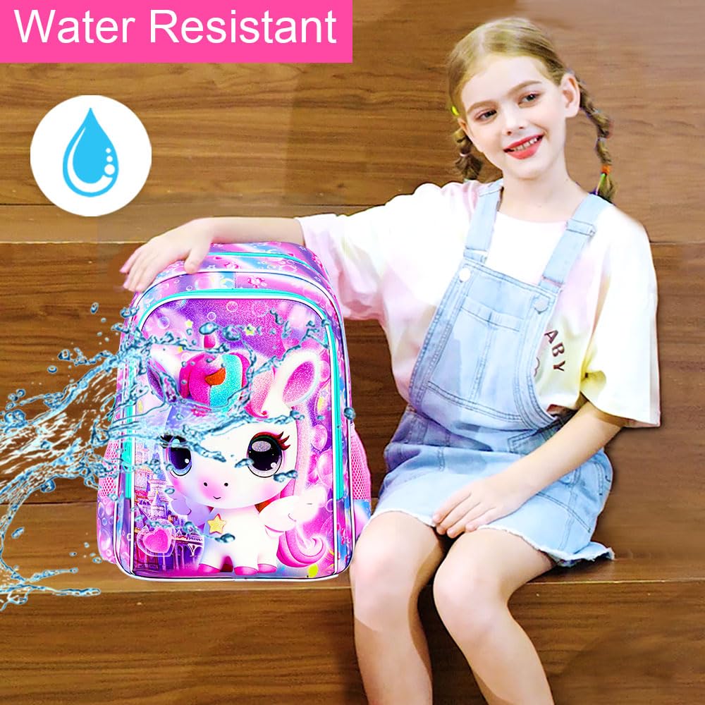 KLFVB 3PCS Unicorn Backpack, Water Resistant Kids Bookbag with Lunch Box for Girls, 16" Preschool Backpacks for Elementary - Small Unicorn