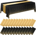 Breling Black and Gold Disposable Tablecloths Set - 24 Packs with Satin Runners | 54 x 108 Inch Tablecloths, 12 x 108 Inch Runners for Weddings, Graduations, and Parties