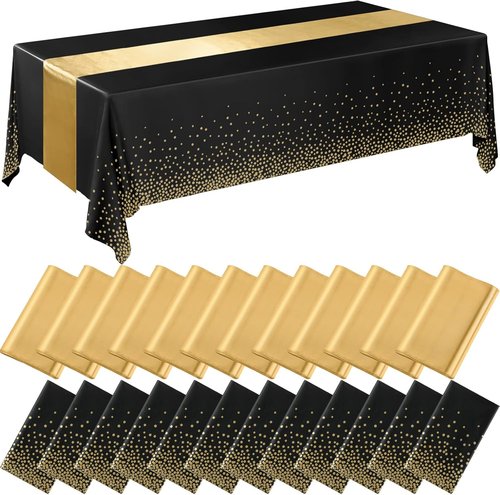 Breling Black and Gold Disposable Tablecloths Set - 24 Packs with Satin Runners | 54 x 108 Inch Tablecloths, 12 x 108 Inch Runners for Weddings, Graduations, and Parties