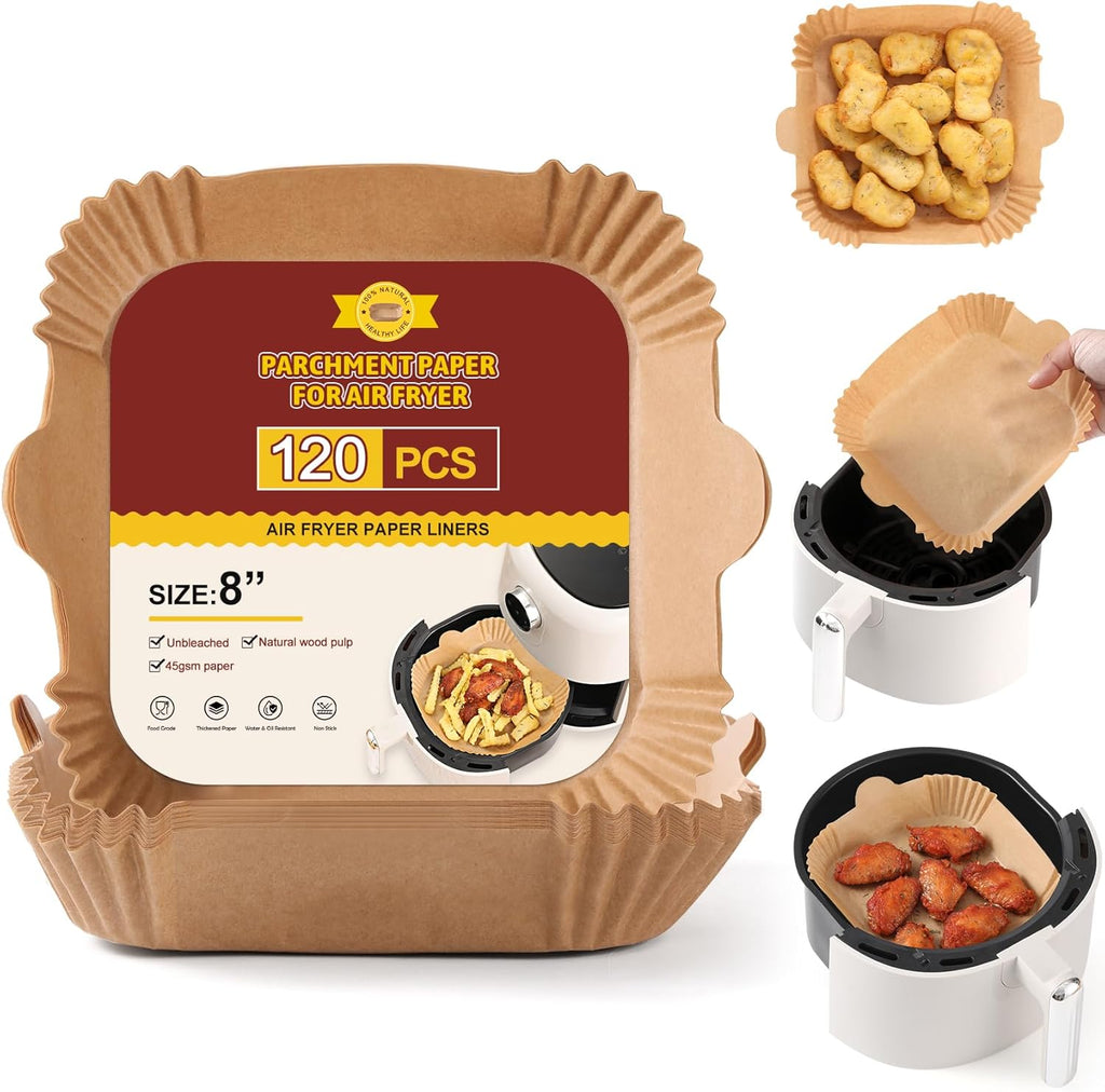 Skiennix Air Fryer Disposable Paper Liners - 120 PCS Non-Stick Parchment for 5-8 QT | 8-Inch Size