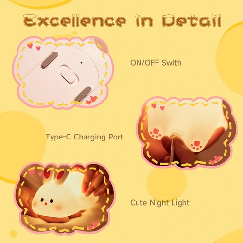 NesveCit Big Face Rabbit Night Light, Adorable LED Bunny Night Lamp, Silicone Dimmable Nursery Nightlight for Girls, Silicone Rechargeable Bedside Touch Night Lights for Easter Decor