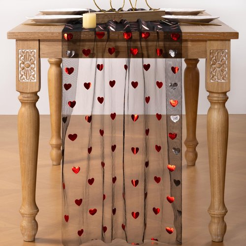 DeZerlor Black Table Runner Heart Sequin Cheesecloth Gauze Sheer Table Runner Glitter Metallic Foil for Wedding Bridal Shower Party Decorations