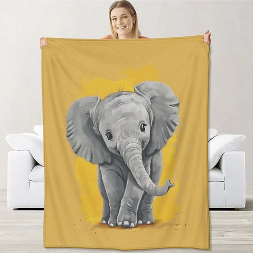 cromcu Elephant Blanket for Girls Boys Kids, Flannel Cute Minimalist Blankets Gifts, Animal and Yellow Background Soft Warm Cozy Throws for Sofa Couch Bed Living Room Bedroom Home Decor 60" x 50"
