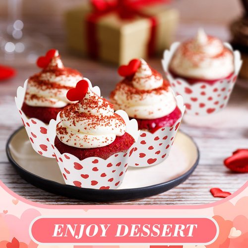 Domensi 100 Pcs Red Heart Cupcake Wrappers Rustic Cupcake Liners Red Baking Cups Baking Liners for Mother's Day Wedding Bridal Baby Shower Birthday Party Supplies Dessert Decoration