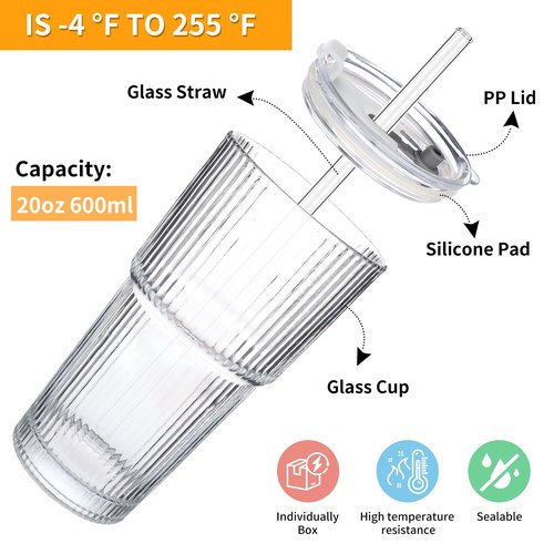 Salpae Glass Cups with Lids and Straws – 20oz Glass Tumbler with Straw and Lid, Reusable Iced Coffee Cup, Smoothie & Tea Glass, Ideal for Home, Office, Travel, 4 Pack