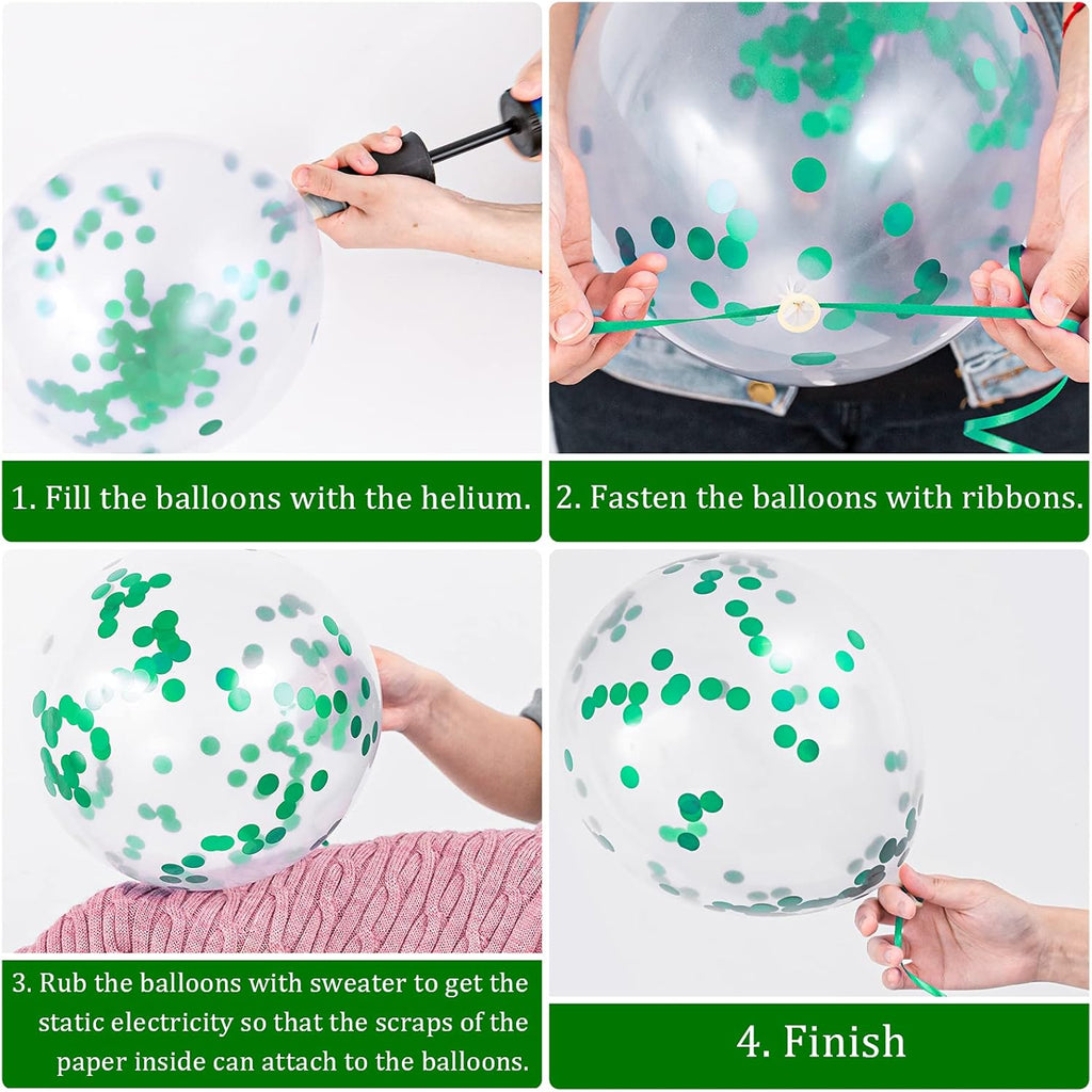 Whaline Graduation Party Balloon Set - 60 Pcs Green & White Confetti Latex Balloons | 7 Designs with Ribbon