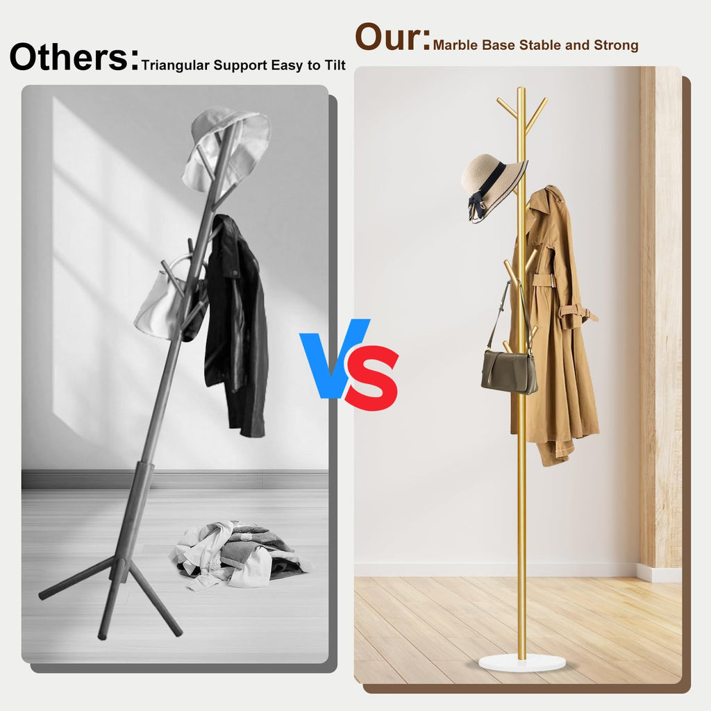 Wtiujhg Coat Rack, Metal Freestanding Coat Rack with 8 Hooks, Sturdy Coat Tree with Natural Marble Base for Coats, Hats, Scarves and Handbags for Entryway, Hallway, Bedroom, Office,Dorm (Gold)