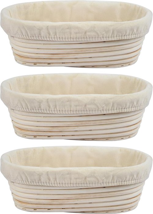 Banneton 3-Piece Set - 10 Inch Oval Rattan Proofing Baskets for Sourdough Bread Baking | Handmade Liners