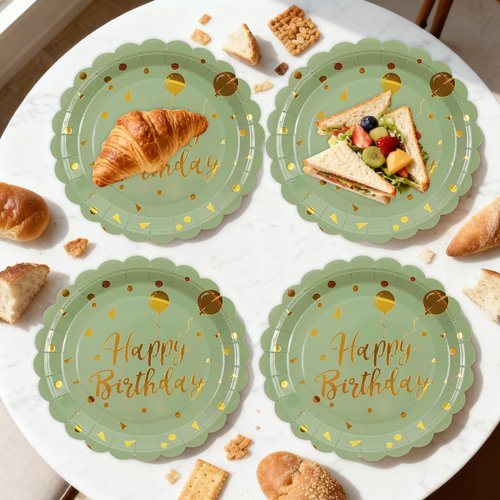 48PCS Happy Birthday Plates and Napkins Party Supplies-Disposable Sagegreen and Gold Birthday Scalloped Cake Plates and Napkins with Forks Tableware Set for Birthday Party Decorations 16 Guests