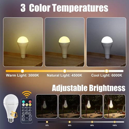 Brightown USB Rechargeable Light Bulb - Remote & Timer Emergency LED Bulbs for Home & Camping | 700LM, 6000K, 2 Pack