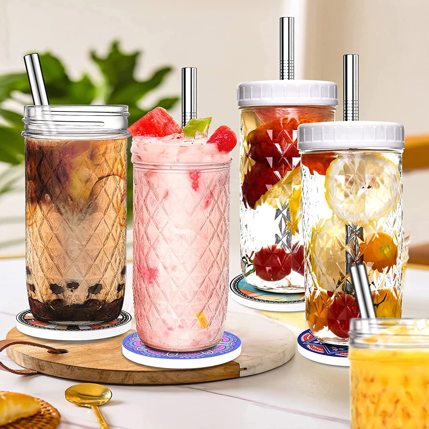 ASANMEYO 2 Pcs 24oz Glass Cups Set, Mason Jar Drinking Glasses with Lids and Straws & 2 Airtight Lids, Cute Reusable Smoothie cups, Iced Coffee Cups, Travel Tumbler for Bubble Tea, Juice, Gift