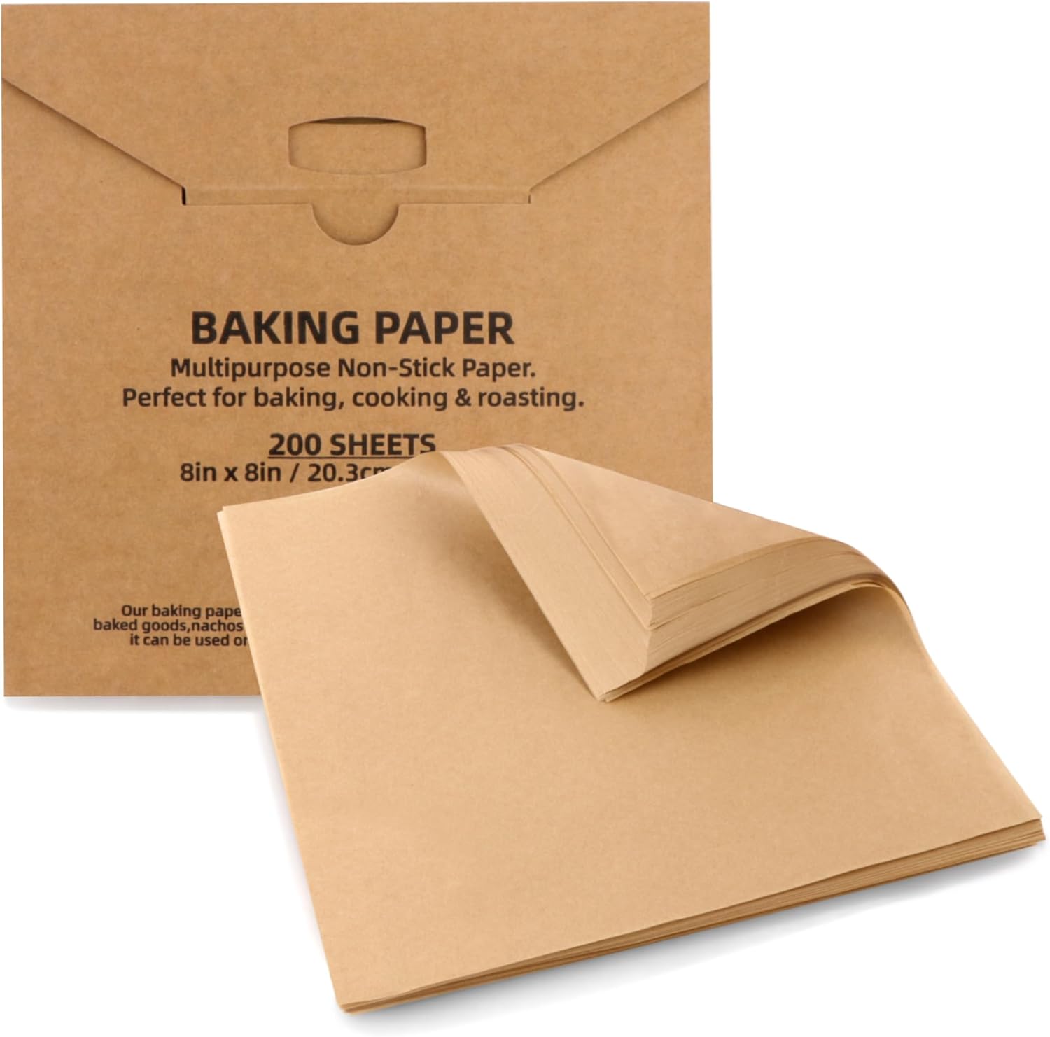 Skiennix Parchment Paper Sheets - 200 Pcs Unbleached Non-Stick Baking Liners | 8x8 Inch Natural Brown