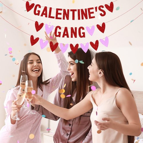 ricluck Galentines Gang Banner Decorations, Red Heart Banner Girls Ladies Celebration Valentine Fireplace Decor Valentine's Day Party Supplies
