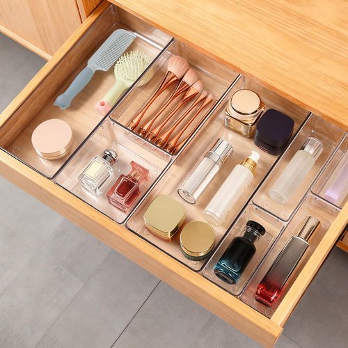 Large Clear Drawer Organizer Bins by Skiennix - 26 PCS Versatile Plastic Trays with Non-Slip Pads for Makeup, Jewelry, and Office Storage