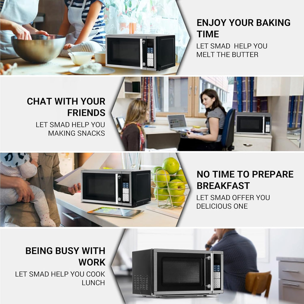 Smad 0.7 Cu.Ft Mini Microwave - 700W Compact Countertop with Removable Turntable & Child Lock | Stainless Steel