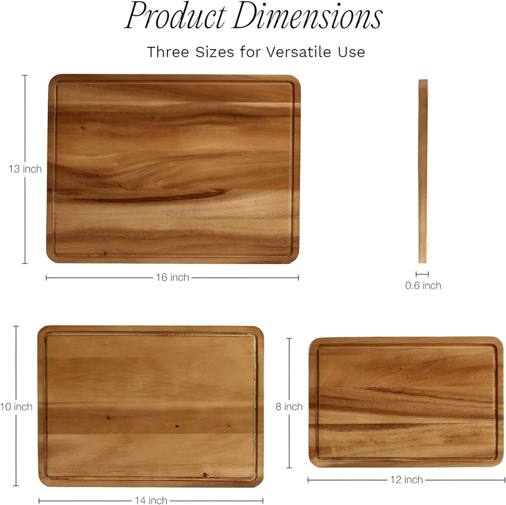 Sango Acacia Cutting Board Set - 3-Piece Wood Chopping Boards with Juice Grooves & Stand | Non-Toxic, Stackable & Reversible