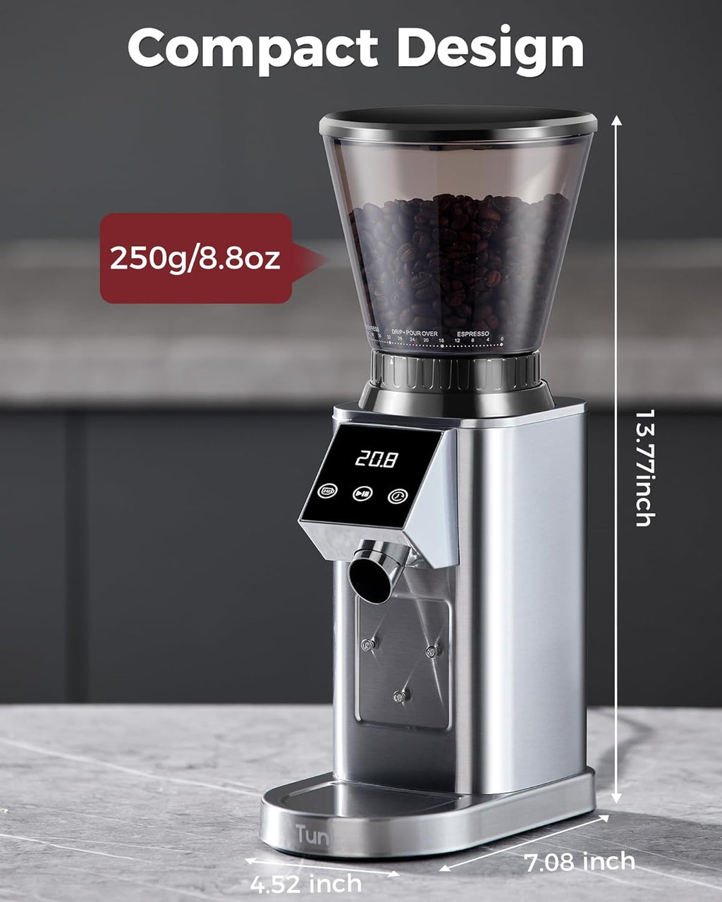 Tuni G1 Conical Burr Coffee Grinder - 48 Grind Settings & Precision Timer | Stainless Steel, Silver