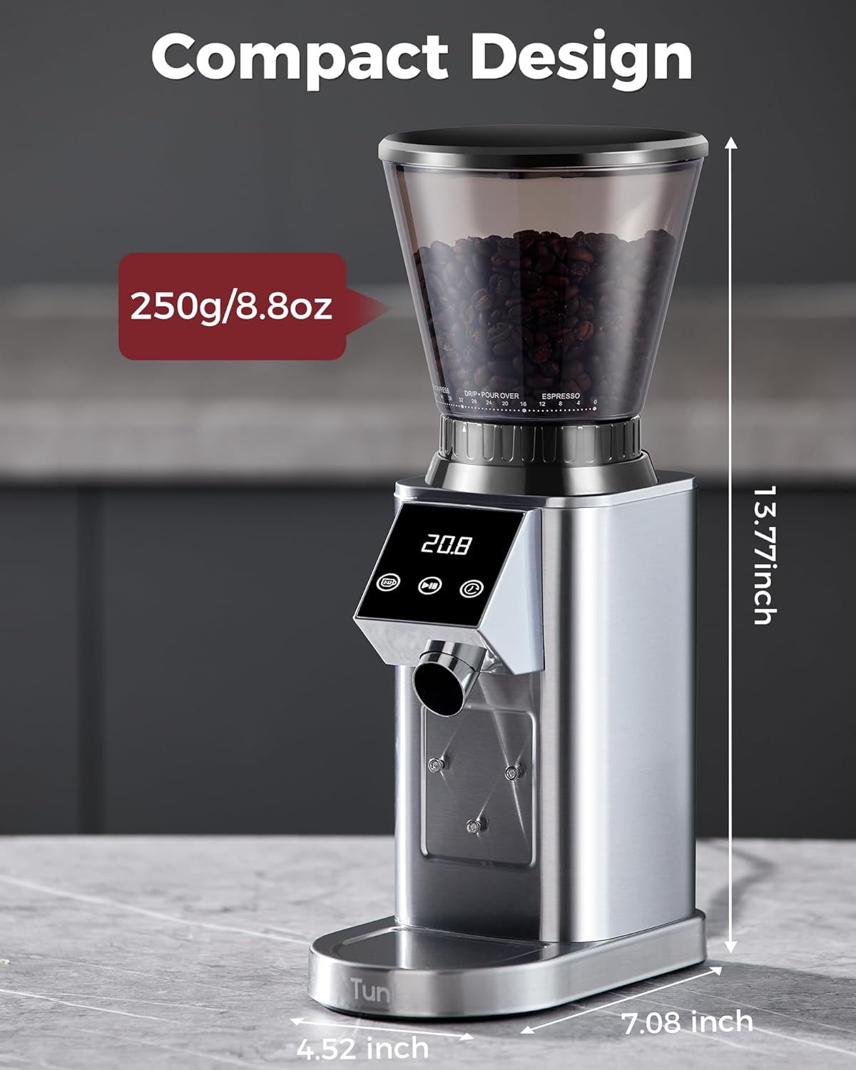 Tuni G1 Conical Burr Coffee Grinder - 48 Grind Settings & Precision Timer | Stainless Steel, Silver