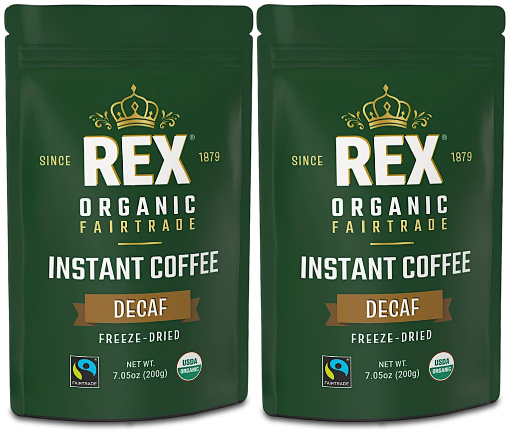 Rex Coffee Organic Fairtrade Natural Decaf Freeze-Dried Instant Coffee – Naturally Decaffeinated Arabica, 7.05 oz (Pack of 2) Resealable – Lab Tested for Mold, Mycotoxins, Heavy Metals, & Acrylamide