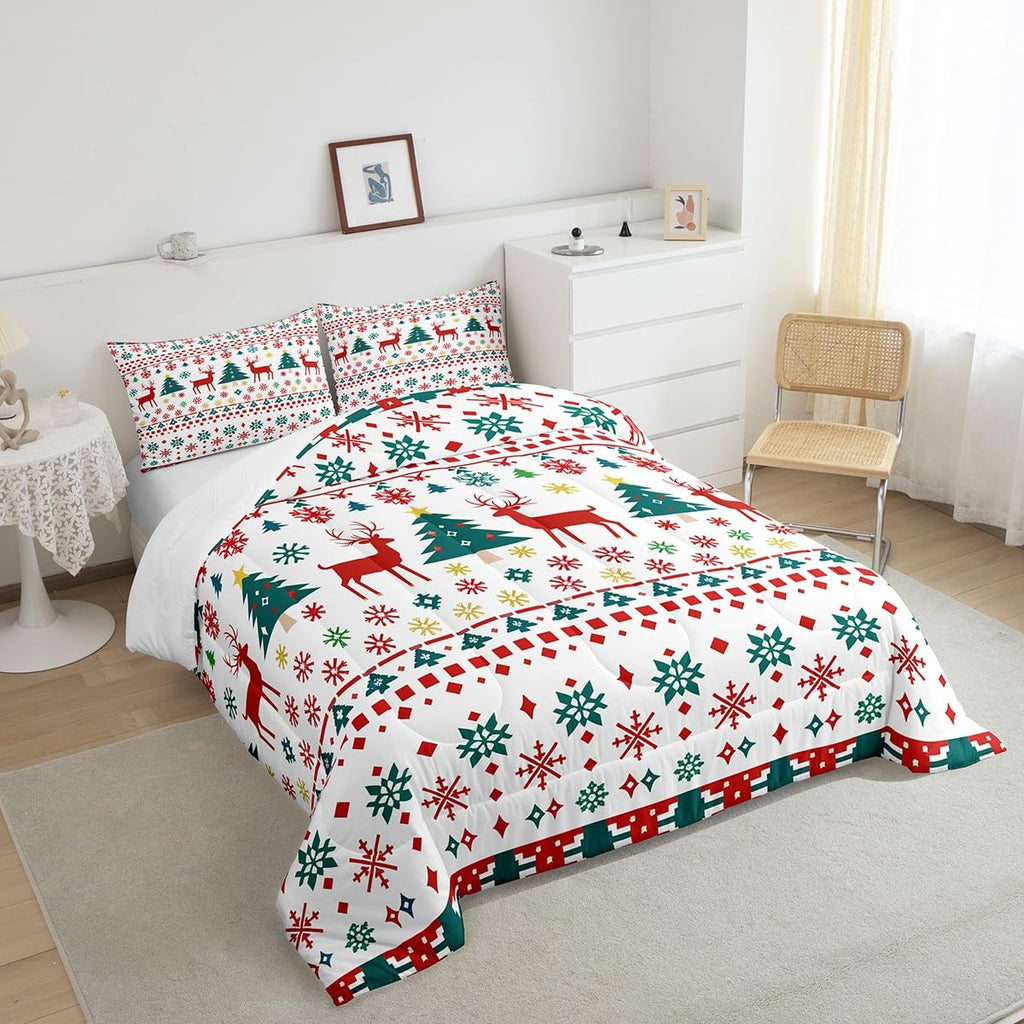 Reindeer Snowflake Comforter Set King Size,Abstract Christmas Tree Duvet Insert for Kids Boys Girls Room Decor,Bohemian Geometric Pattern Bedding Set 3Pcs,Merry Christmas Quilt Set,2 Pillowcases