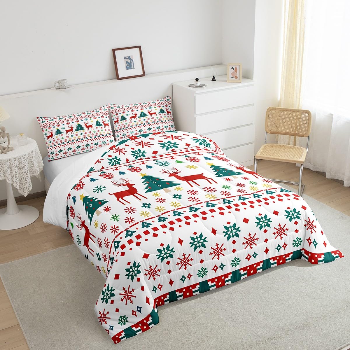 Reindeer Snowflake Comforter Set King Size,Abstract Christmas Tree Duvet Insert for Kids Boys Girls Room Decor,Bohemian Geometric Pattern Bedding Set 3Pcs,Merry Christmas Quilt Set,2 Pillowcases