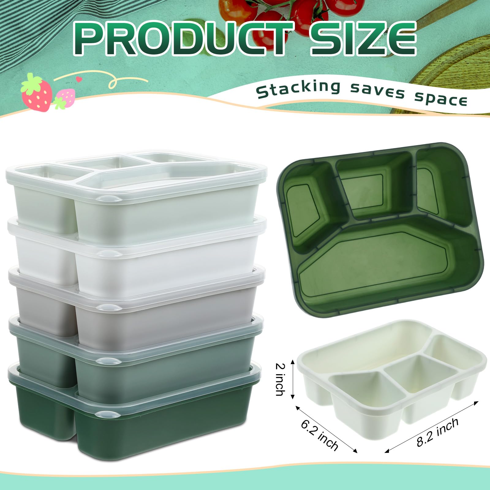 Honeydak 5 Pack Snack Containers 4 Compartment Bento Snack Boxes Reusable Lunchable Containers with Lids Divided Meal Prep Lunch Food Storage Box for School Work Travel(Sage,Mixed)
