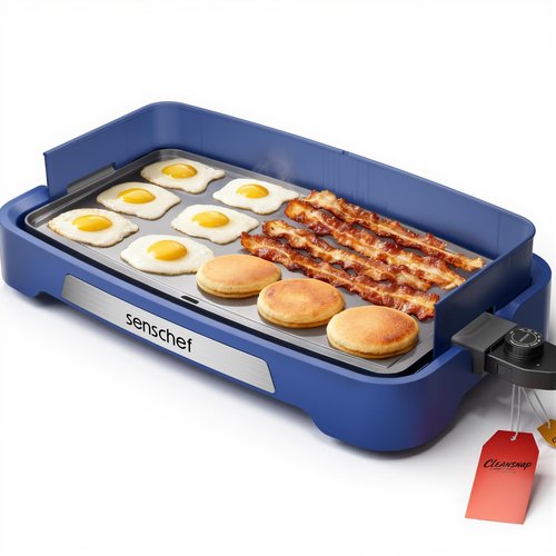 SENSCHEF Cleansnap Everyday Electric Griddle,The Ultimate Gift for Family Feasts - 20” Nonstick Grill with Foldable Anti-Mess Shield, Rapid 1700W Heat&PPG Ceramic Coating, Dishwasher Safe, Ocean Blue