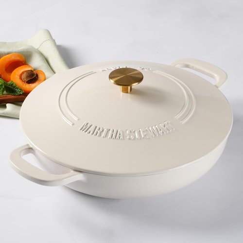 Martha Stewart Gatwick 3.5-Quart Enameled Cast Iron Dutch Oven Braiser - Linen with Gold Knob | Durable Heavy-Duty Pot for Slow Cooking & Searing