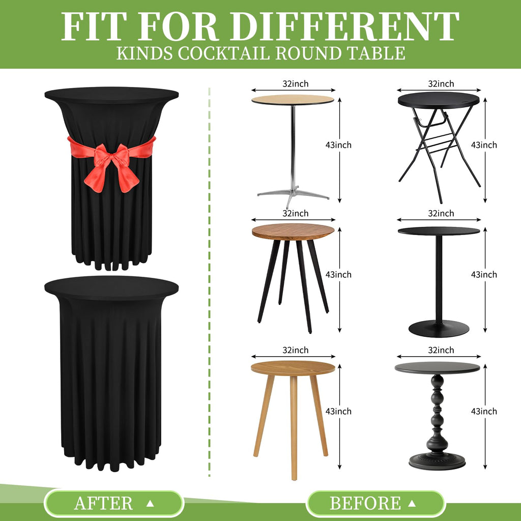 LOKUME 6 Pack Round Cocktail Table Skirts 32 x 43 Inch Black Spandex Cocktail Table Covers with Wavy Drapes Stretch Fitted Round High Top Tablecloths for Wedding Bar Party Banquet