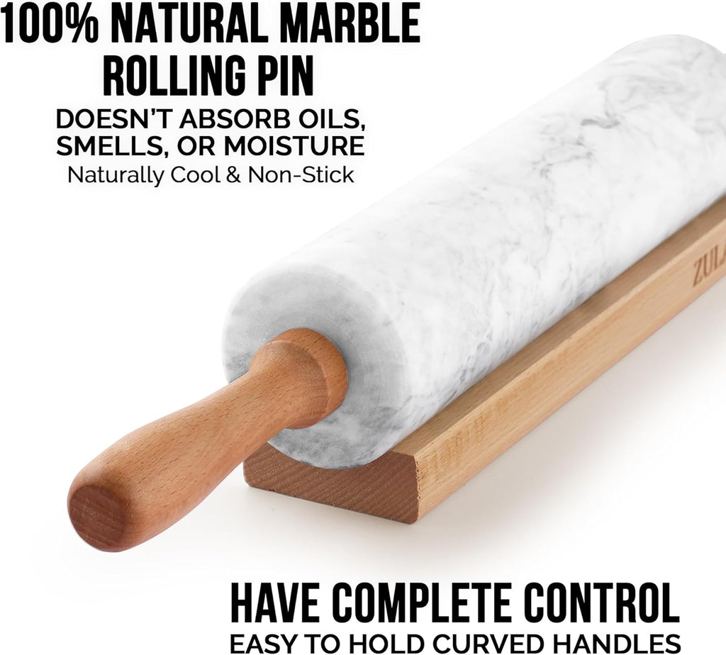 Zulay Kitchen Marble Rolling Pin - 17-Inch Polished Design with Beechwood Handle | Non-Stick Baking Tool
