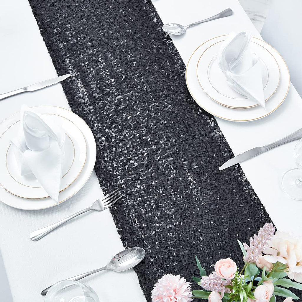 6 Packs 12 x 72 inches Black Sequin Table Runner, Glitter Runner for Birthday Party Supplies Decorations Wedding Bachelorette Holiday Celebration Bridal Shower Baby Shower
