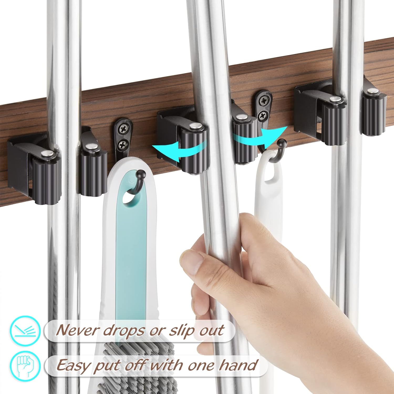 OUTNILI Mop and Broom Holder Wall Mount - Rustic Wood Organizer with 4 Slots & Hooks for Garage, Closet, Laundry Room