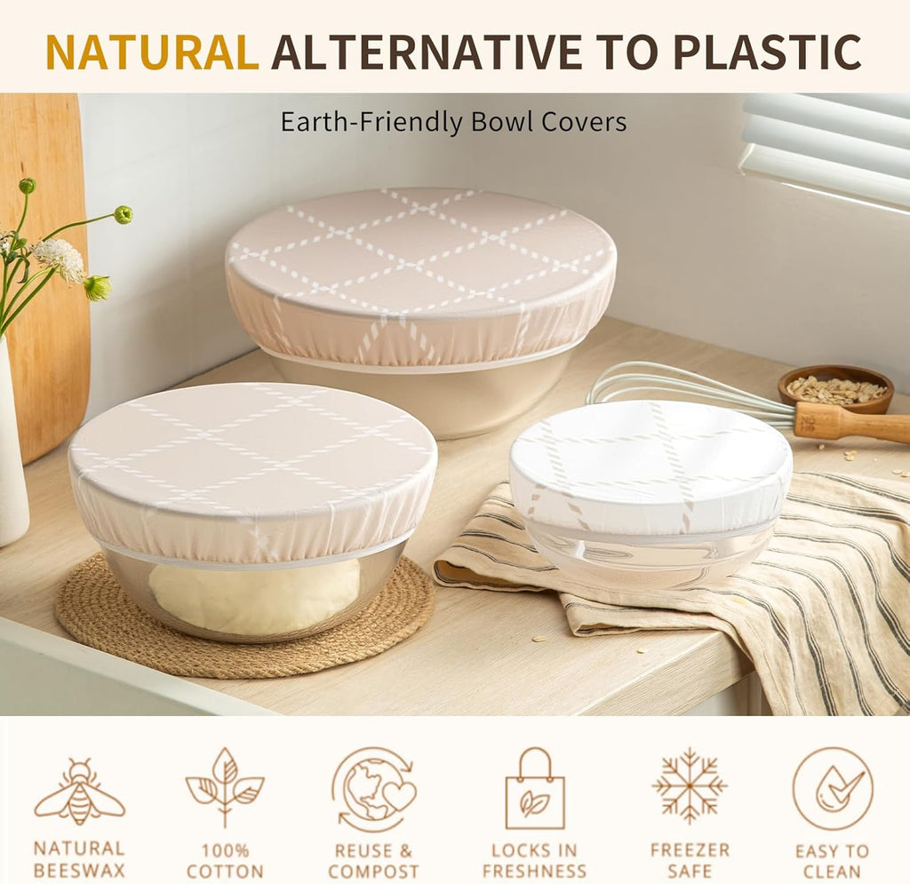 Skiennix Reusable Bowl Covers - 3-Pack Beeswax Covers for Bread Proofing | 100% Organic Cotton, 8/10/12 Inch