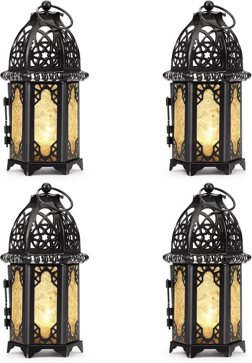 IMAGE Metal Candle Lantern - 6.7" Hanging Moroccan Birdcage Holder with Glass - Black Tabletop Decor